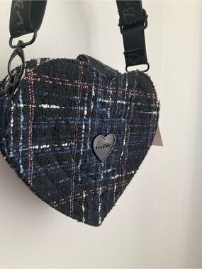 Betsey Johnson Black Tweed Heart Crossbody with Blue & Pink Accents